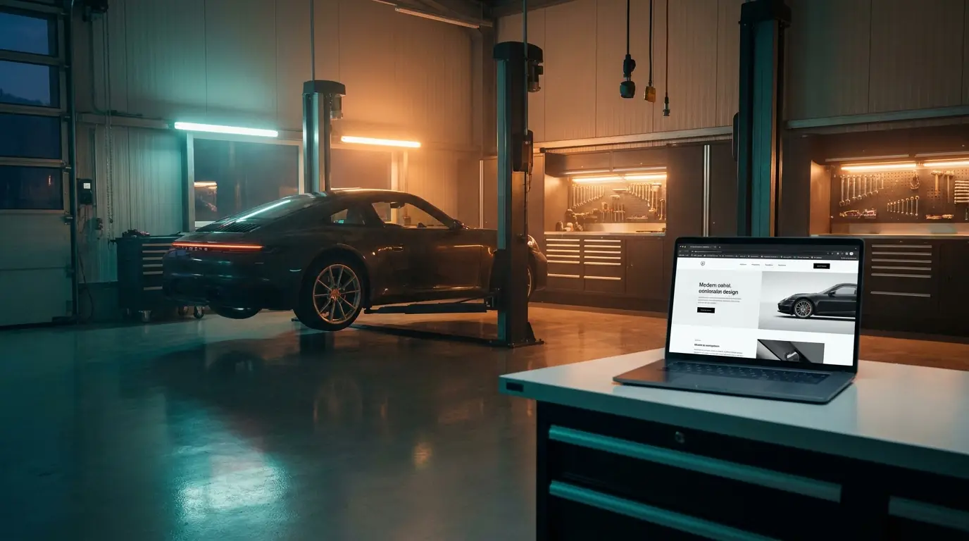 Moderne Autowerkstatt in der Schweiz bei Abendlicht, Fahrzeug auf der Hebebühne