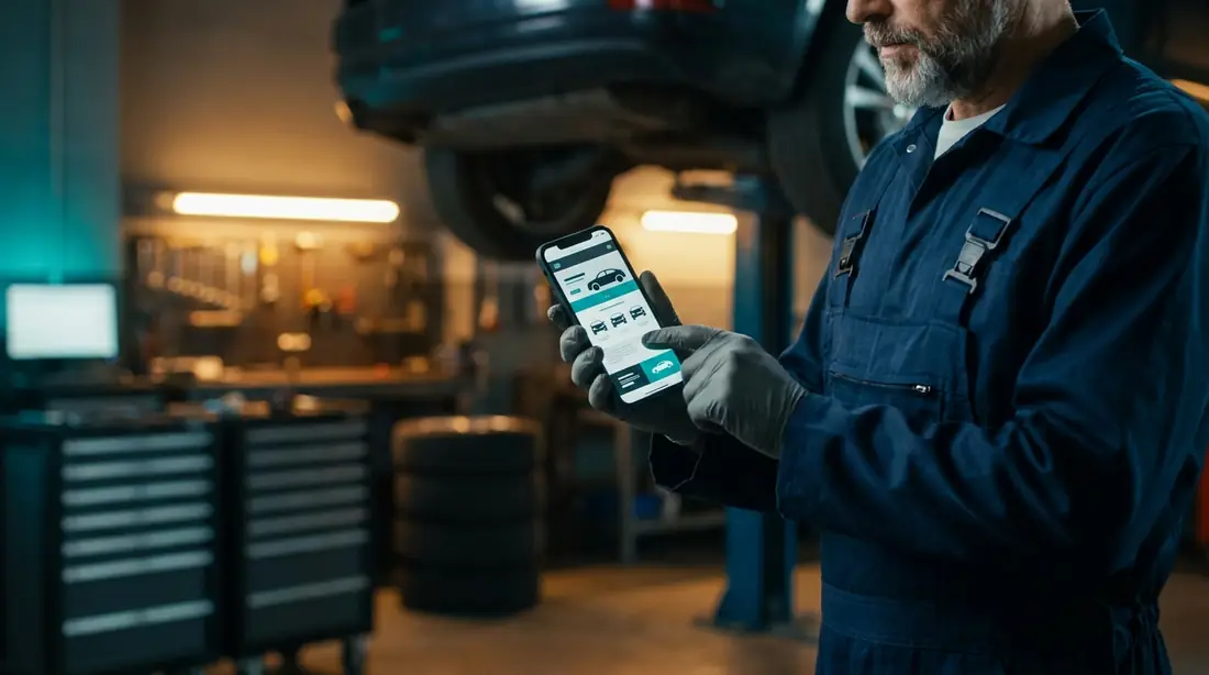 Mechaniker mit einer modernen Werkstatt-Website auf dem Smartphone